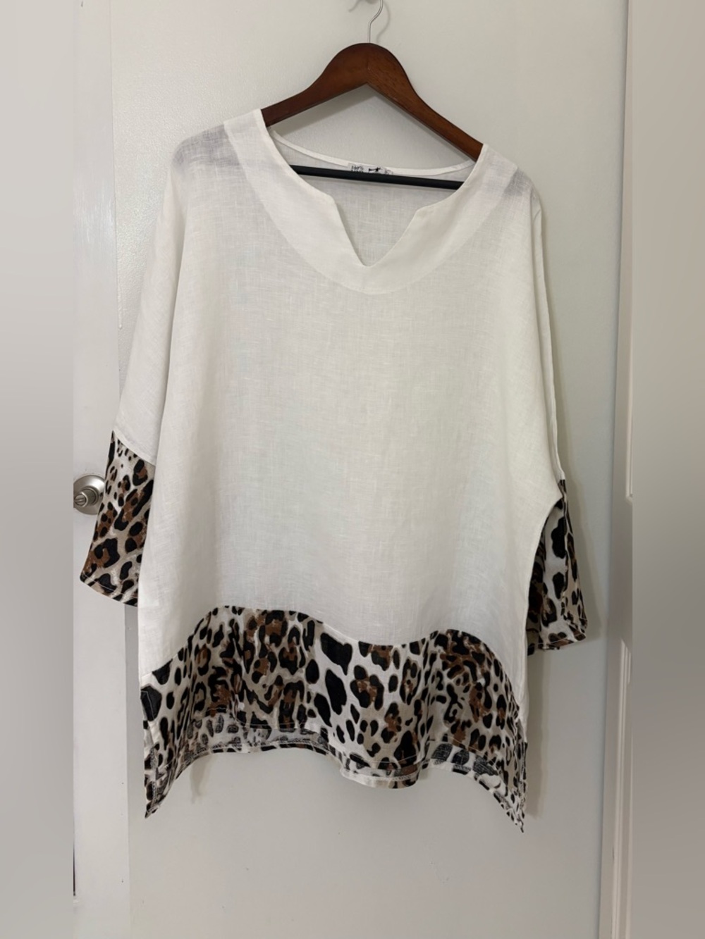 100% Linen Italian Made White Tunic with Leopard Hem and Sleeves - Women Tops